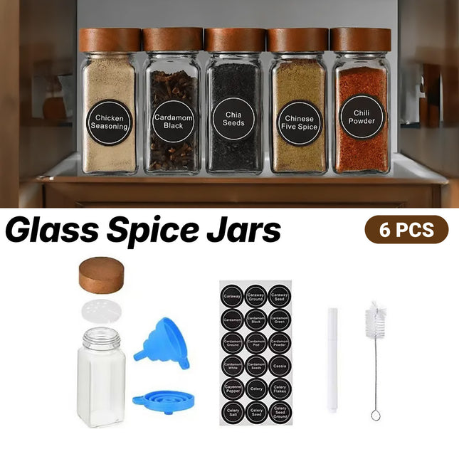 6PCS Glass Spice Jars with Wooden Lids and Labels for Kitchen Pantry Storage Use