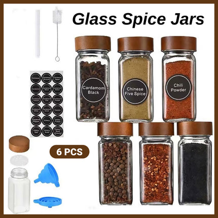 6PCS Glass Spice Jars with Wooden Lids and Labels for Kitchen Pantry Storage Use