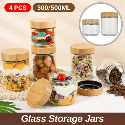 4PCS Glass Storage Jars 300/500ml with Bamboo Lids Clear for Kitchen Pantry