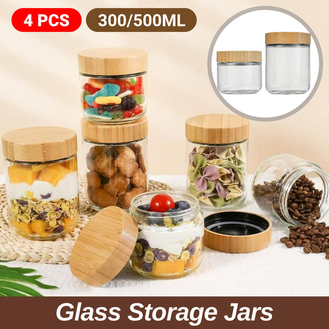 4PCS Glass Storage Jars 300/500ml with Bamboo Lids Clear for Kitchen Pantry
