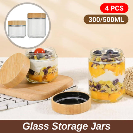 4PCS Glass Storage Jars 300/500ml with Bamboo Lids Clear for Kitchen Pantry