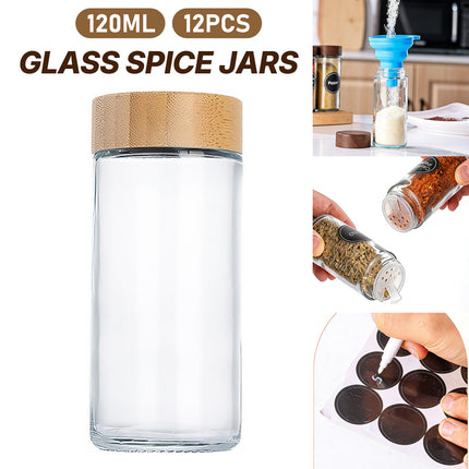 12PCS Glass Spice Jars with Lids and Labels 120ml for Kitchen Pantry Storage Use