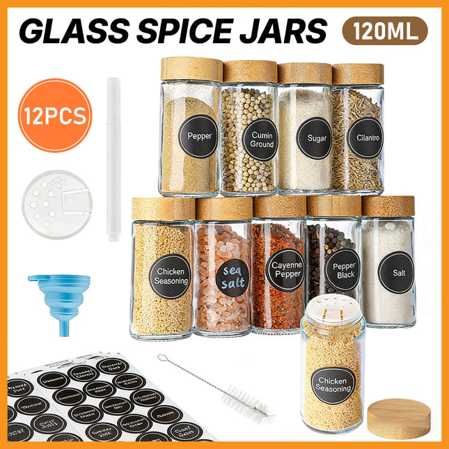 12PCS Glass Spice Jars with Lids and Labels 120ml for Kitchen Pantry Storage Use