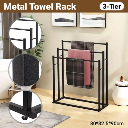 3 Bar Metal Floor-Standing Towel Rack 80x32.5x90cm Durable for Bathroom Bedroom