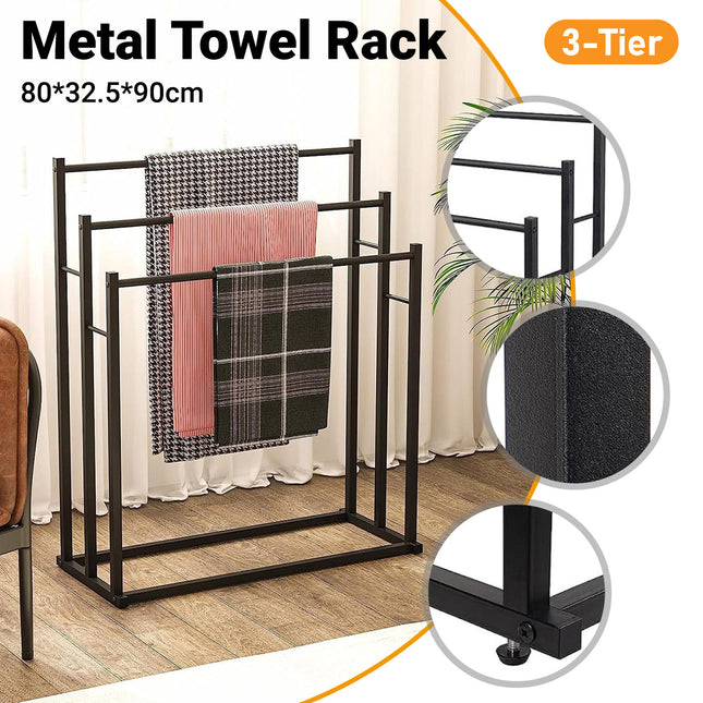 3 Bar Metal Floor-Standing Towel Rack 80x32.5x90cm Durable for Bathroom Bedroom