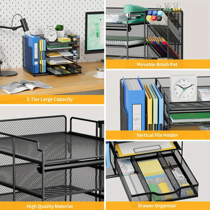 Multi Layer Desktop File Rack Storage Organizer Black Plastic for Office Home