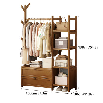 Bamboo Floor-Standing Clothes Rack with Drawers and Hooks Multi-Purpose Durable