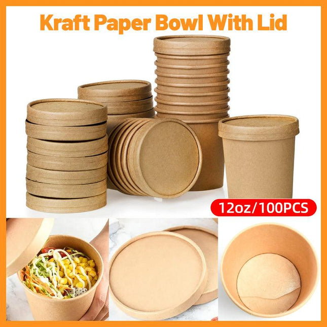 100PCS Kraft Paper Soup Bowl with Lid Round Fast Food Box Disposable Containers