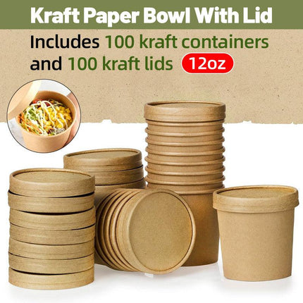 100PCS Kraft Paper Soup Bowl with Lid Round Fast Food Box Disposable Containers