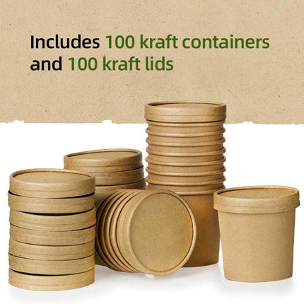 100PCS Kraft Paper Soup Bowl with Lid Round Fast Food Box Disposable Containers
