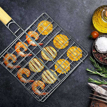 2PCS Iron Barbecue Net Clamp with Wooden Handle Durable for Outdoor Cooking Use