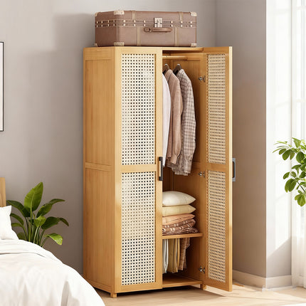 Minimalist Wardrobe with Doors Bamboo Durable for Bedroom Clothes Storage Use