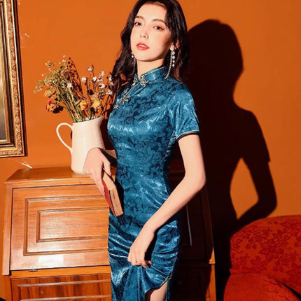 Blue Cheongsam Dress Long Retro Elegant Style Traditional Chinese Qipao Vintage