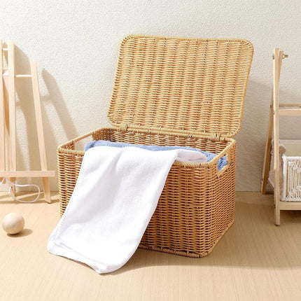 Storage Box Bedroom Organizer Faux Rattan Woven Basket with Lid Home