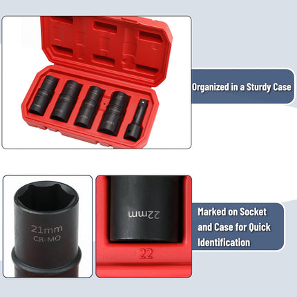 5PCS Double Head Tire Changer Socket Set 1/2 Drive for Garage Workshop Repair