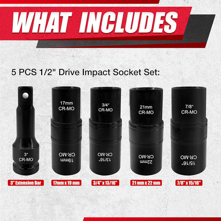 5PCS Double Head Tire Changer Socket Set 1/2 Drive for Garage Workshop Repair