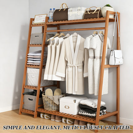 Bamboo Clothes Rack Storage Shelf Hanging Rail Stand With Shelves Hooks
