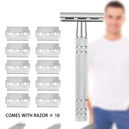 Double Edge Safety Razor Aluminium Zinc Silver 10 Blades 4.3 x 10.8cm
