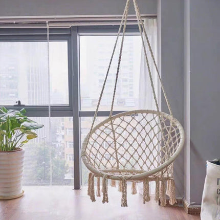 Beige Hammock Swing Chair Cotton Macrame Hanging Rope Seat Indoor Outdoor Patio