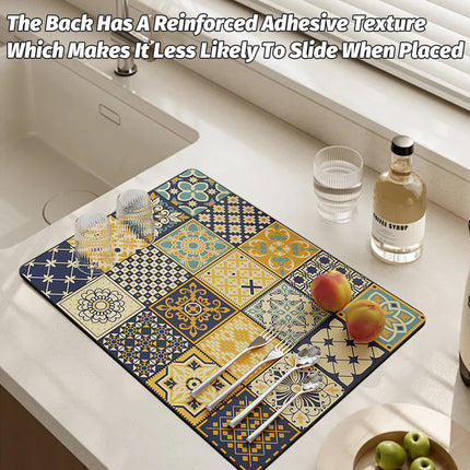 Kitchen Drain Mat Absorbent Polyester Non-Slip Back Tile Pattern