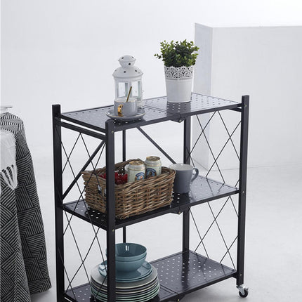 3-Tier Black Foldable Kitchen Storage Rack No-Drill Microwave Oven Shelf Stand