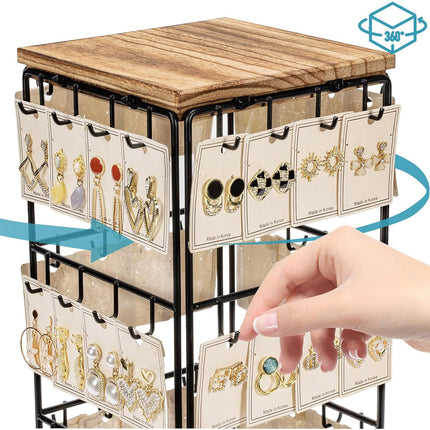 360 Rotation Earring Display Stand Wood Iron Holds 48 Pairs Jewelry Organizer