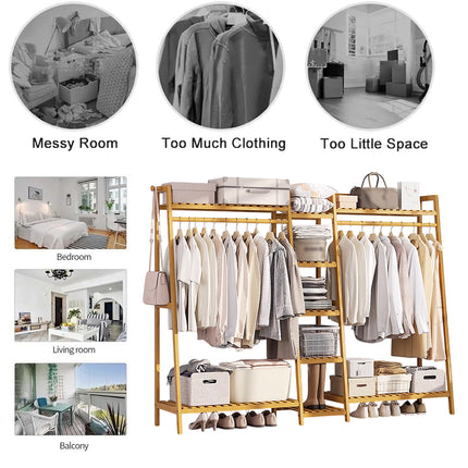 Bamboo Floor Standing Clothes Rack Multi Functional Clothes Cabinet Sturdy