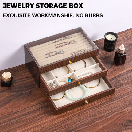 Multi Layer Wooden Jewelry Box Walnut Grain with Compartments Drawers Display