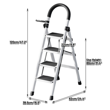 Folding 4 Step Ladder 120cm Carbon Steel White Frame Tool Rack for Home Kitchen
