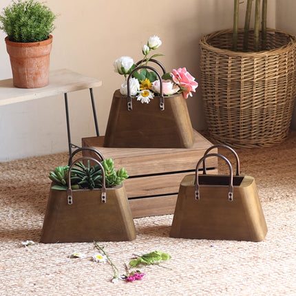 26cm Handbag Shape Flower Pot with Metal Handles in Natural Wood