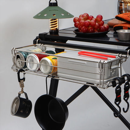 Folding Table Extension Rack Outdoor Camping Storage Shelf With Hanging Basket