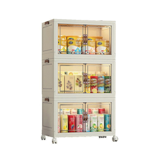 3 Tier Folding Storage Cabinet Shelf with Doors and Wheels for Home Office Dorm