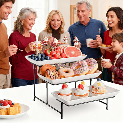 3 Tier Display Stand Black Metal Frame White Trays for Party Wedding Catering