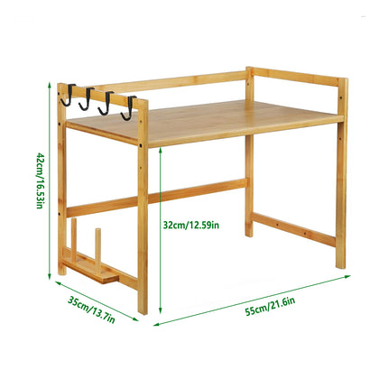 2 Tier Bamboo Microwave Oven Stand Rack Kitchen Condiment Holder with Hooks