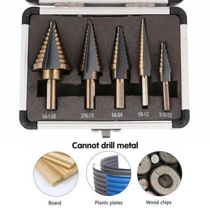 5PCS Titanium HSS Step Drill Bit Set High Speed Steel Cone Hole Cutter Kit Case