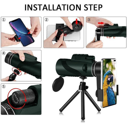 HD Monocular Telescope with Phone Holder and Tripod for Travel and Low Light Use