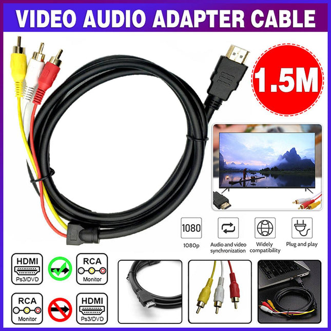 HDMI to RCA Adapter Cable 1.5m Gold-Plated for HDTV DVD & More