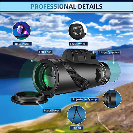 HD Portable Monocular Telescope with Phone Clip and Tripod for Travel