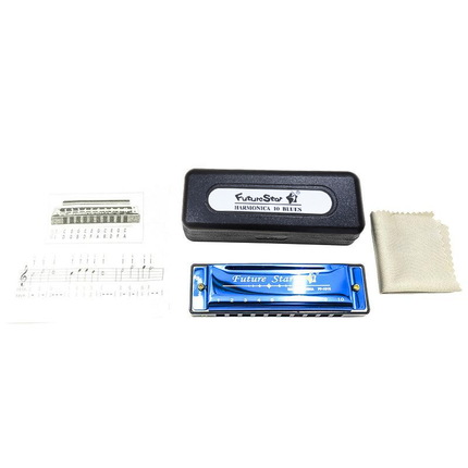 Harmonica 10 Holes Key Of C Blue Blues Harp Stainless Steel Brass