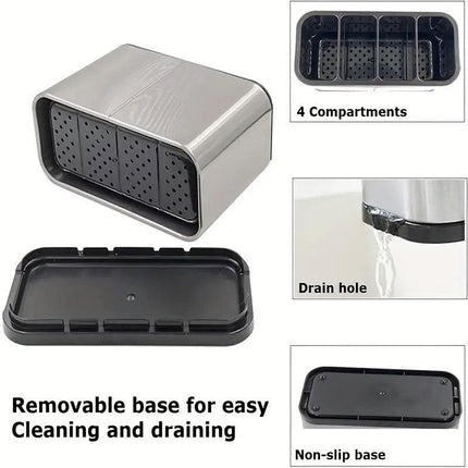 4Compartments Stainless Steel Cutlery Holder Chopsticks Storage Organizer Bucket