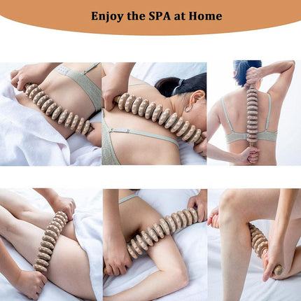 Wooden 12Roller Massage Stick Meridian Therapy Neck Back Thigh Muscle Relaxation