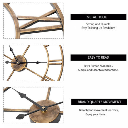 Home Retro Living Room Wrought Iron Wall Clock Nordic Decorative Clock Round Rome Mute Clock