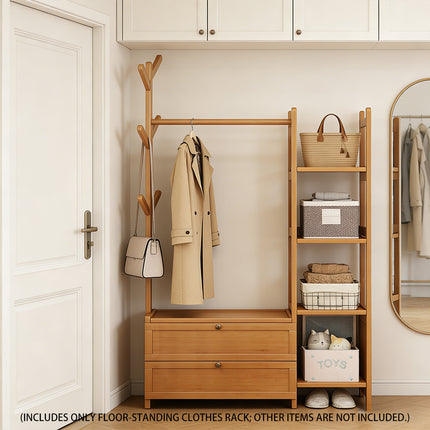 Bamboo Floor-Standing Coat Rack Indoor with Storage Drawer Space Saving Stable