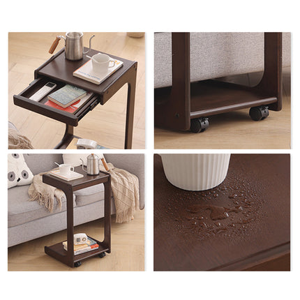 Solid Wood Rolling Coffee Table Mobile Side Table with Wheels 2-Tier Home Use