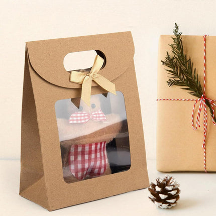 24PCS Kraft Paper Gift Bag Window Handheld Bow Clamshell Packaging Shopping Bag