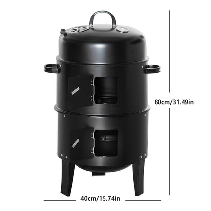 3in1 Portable Charcoal Vertical Smoker BBQ Roaster Grill Steel Water Steamer