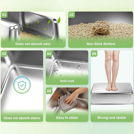 Cat Litter Box Open Design Stainless Steel Large Easy Clean Pet Toilet Tray