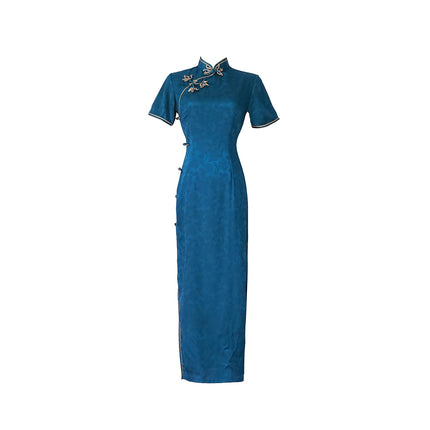 Blue Cheongsam Dress Long Retro Elegant Style Traditional Chinese Qipao Vintage