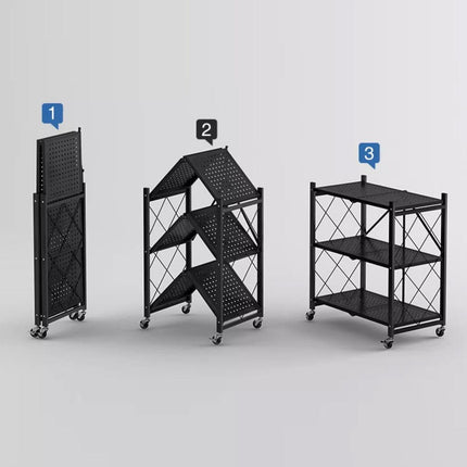 3-Tier Black Foldable Kitchen Storage Rack No-Drill Microwave Oven Shelf Stand