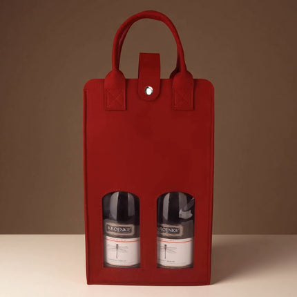 Wine Gift Bag Felt Double Bottle Clear Window Snap Closure Handle Carrier